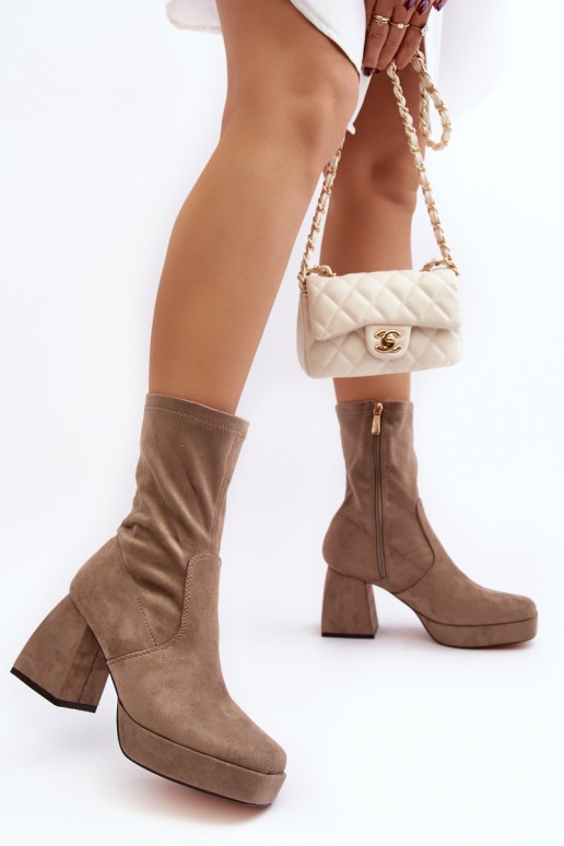 Women's ankle boots with chunky heel and platform in dark beige Adelles