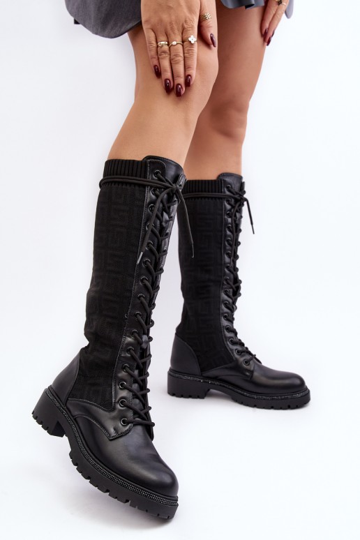 Women's lace-up boots with elastic upper black Virxinia