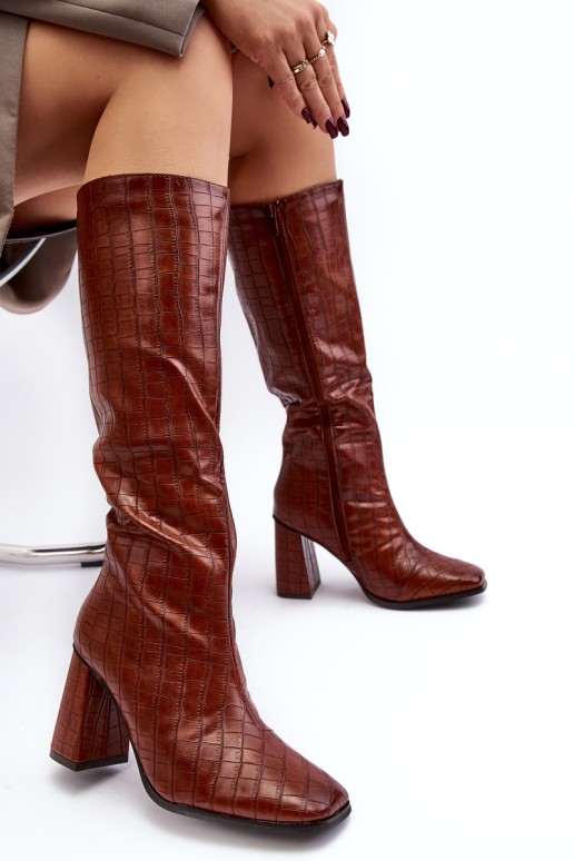 Women's Boots with Stiletto Heel and Decorative Embossing Brown Vabaria