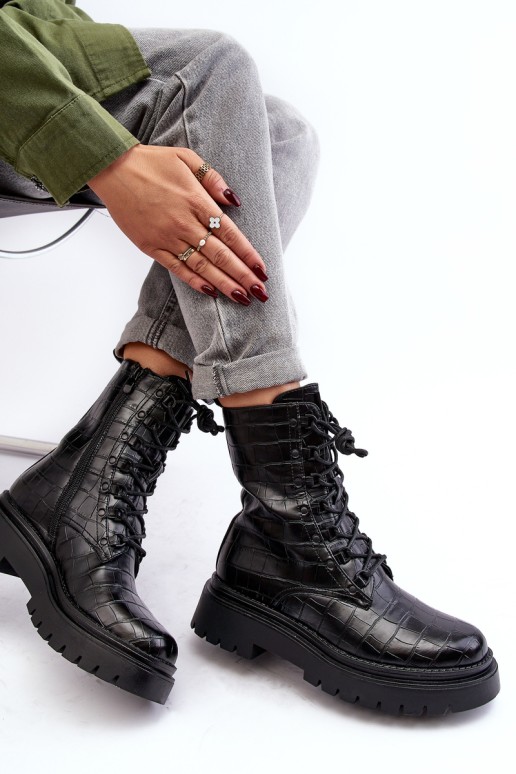 Women's Workery Boots with Decorative Embossing Black Tarolia