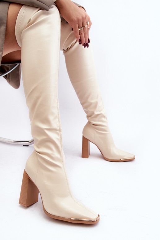 Women's Over-the-Knee Boots with Block Heel Beige Orcella