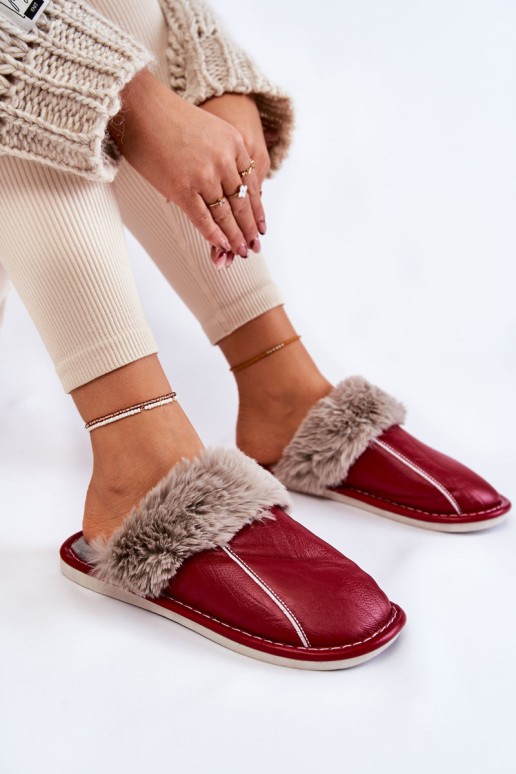 Women's Leather Slippers With Fur Red Rossa