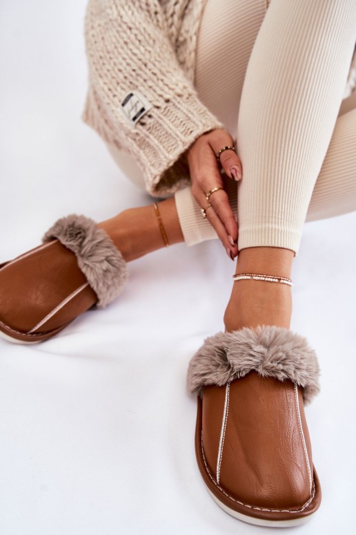 Women's Leather Slippers With Fur Brown Rossa