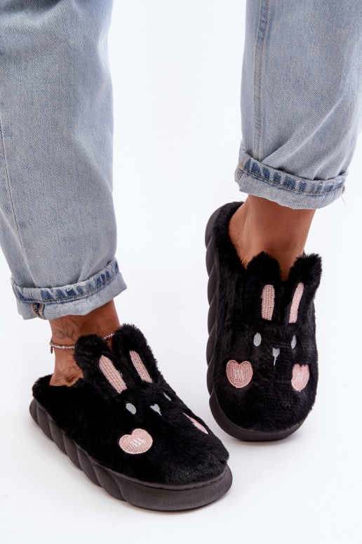 Women's Fur Slippers with Bunny Black Naveritte
