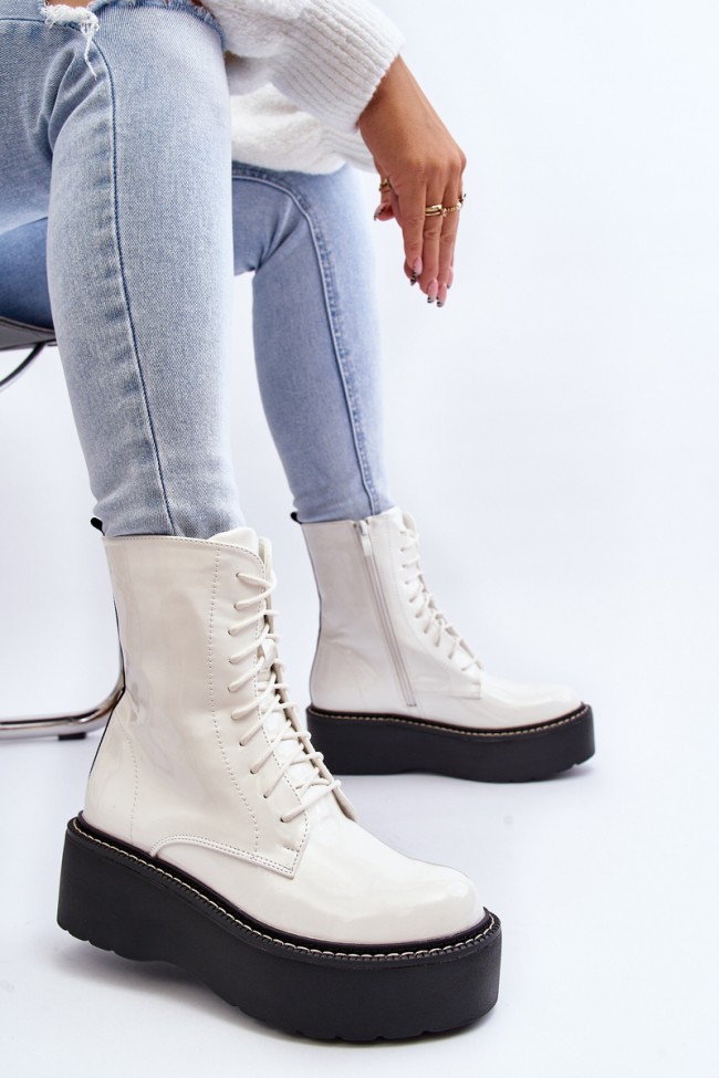 Women's White Patent Leather Boots with Chunky Sole Movana