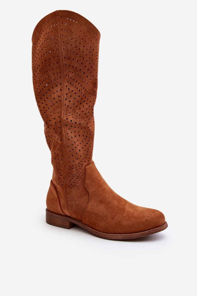 S.Barski HY66-150 Openwork Flat Heel Boots Camel