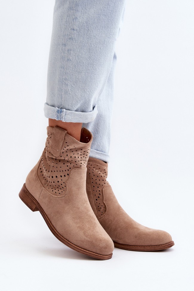 Women's Cutout Flat Ankle Boots Beige S.Barski HY66-135