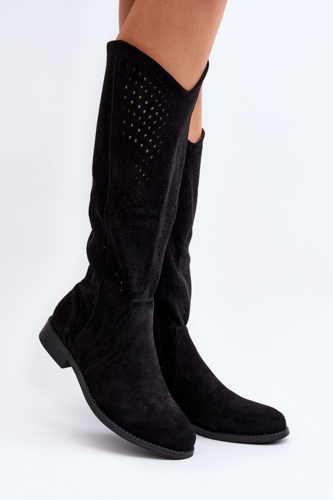 S.Barski HY66-150 Black Cut-Out Boots with Flat Heel