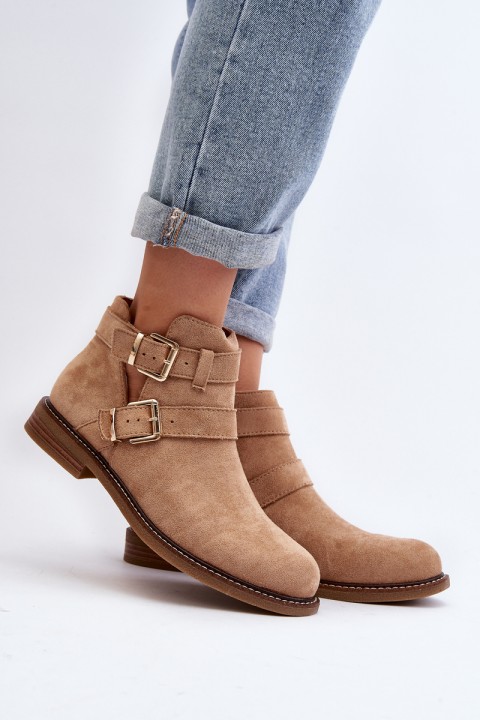 Women's Flat Heel Ankle Boots with Straps Beige Melviana