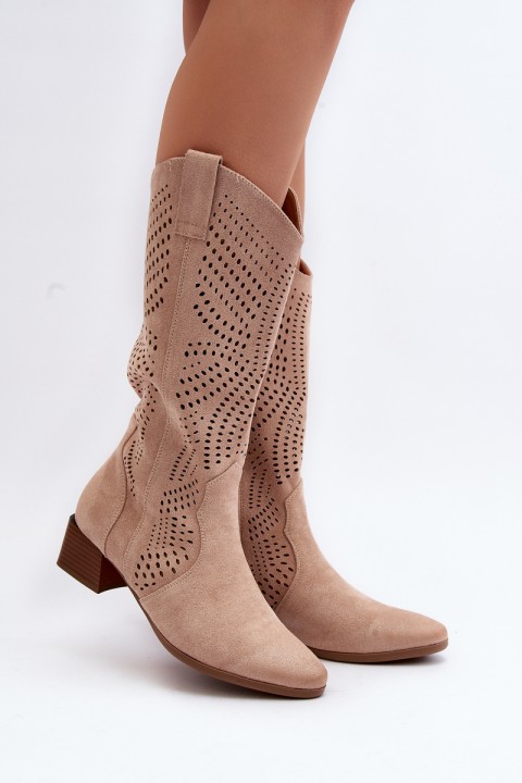 Beige Low Heel Cutout Booties Walea