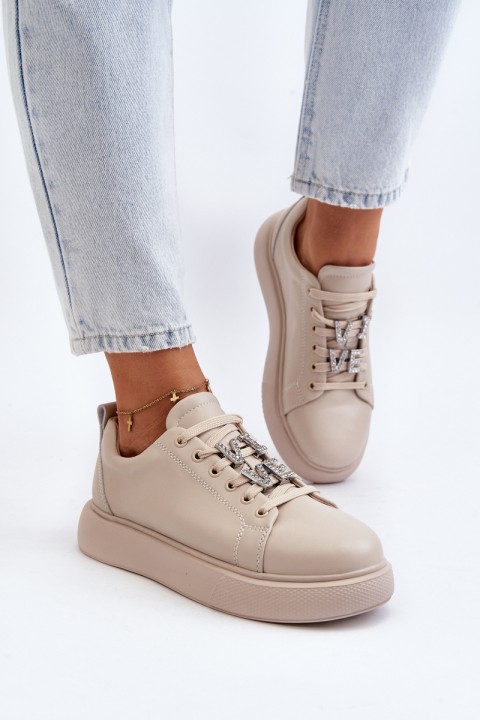 Women's Leather Sneakers with Beige Embellishments Dysuria