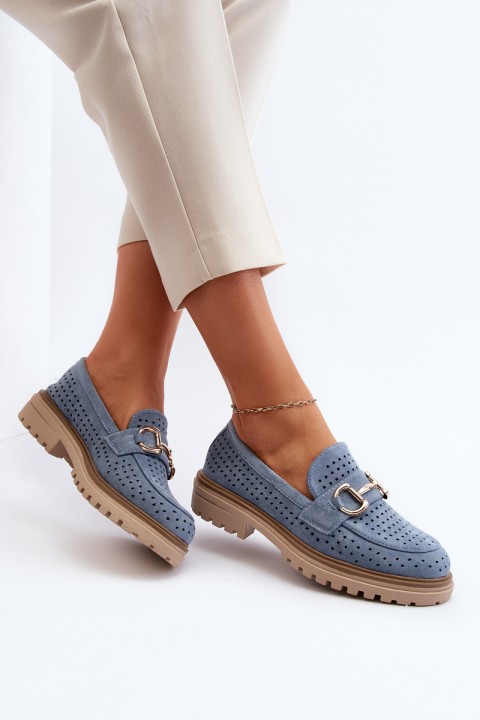 Women's Blue Cutout Moccasins With Embellishment Talesse