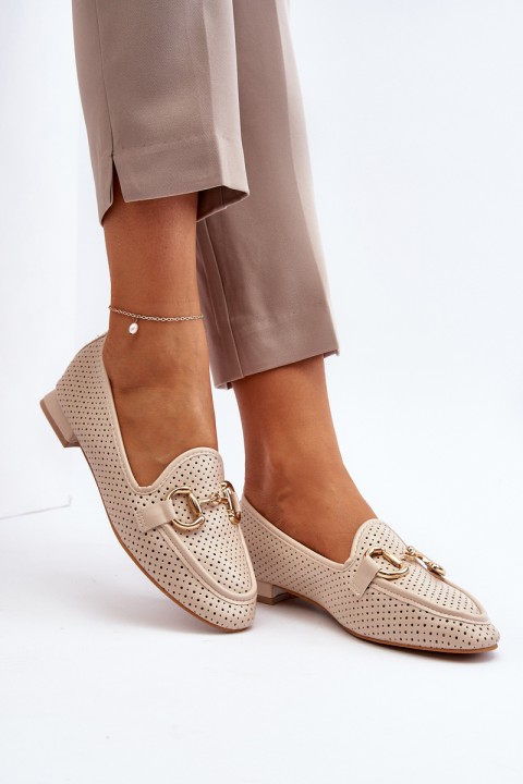 Women's flat-heeled moccasins with beige decoration Iluvana