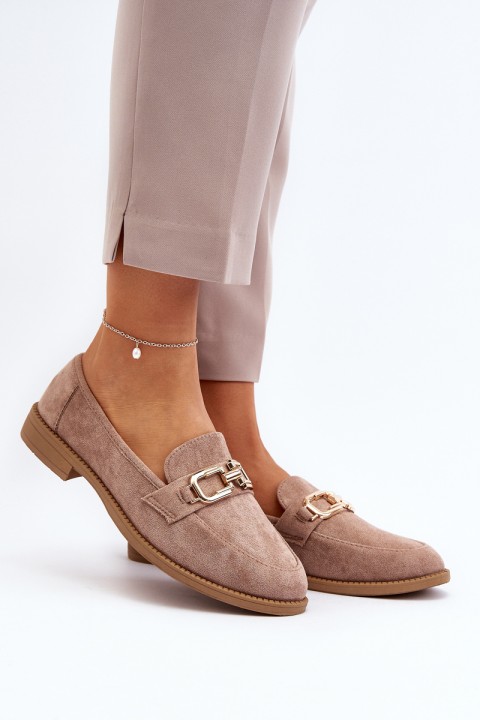 Dark Beige Women's Suede Moccasins with Flat Heel Misal