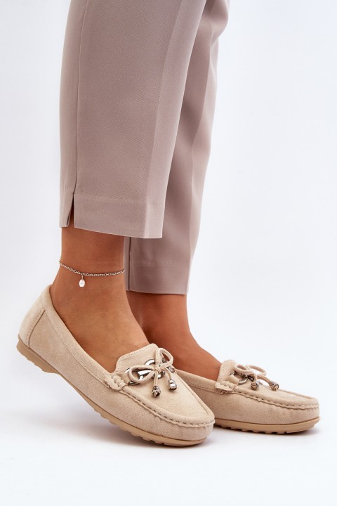 Beige Women's Suede Moccasins with Embellishment Daphikaia