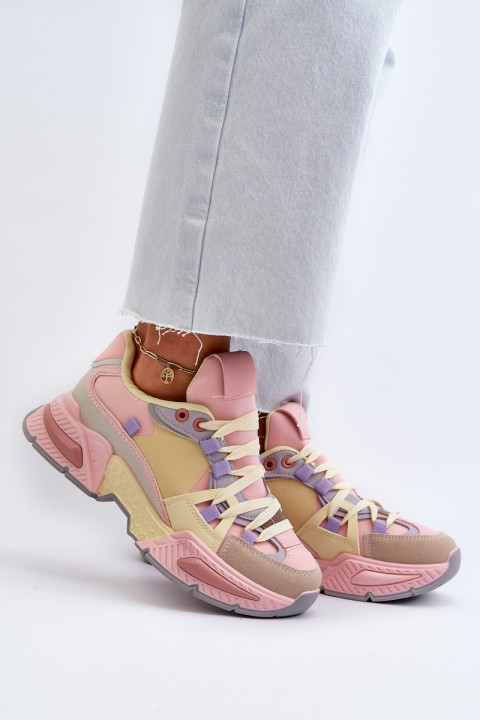 Women's Sneakers On Chunky Sole Pink-Yellow Peonema