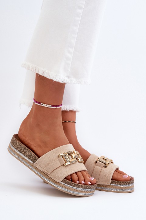 Women's Platform Slides with Decoration Beige Vapireta