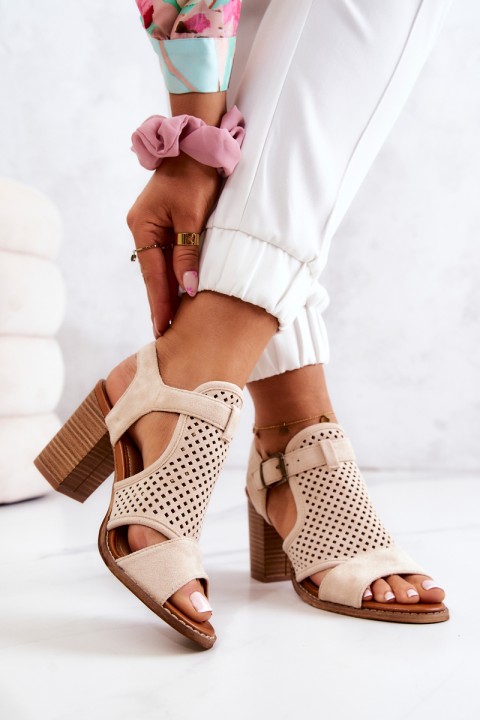 Openwork Sandals On A Block Heel Beige Hey Lover