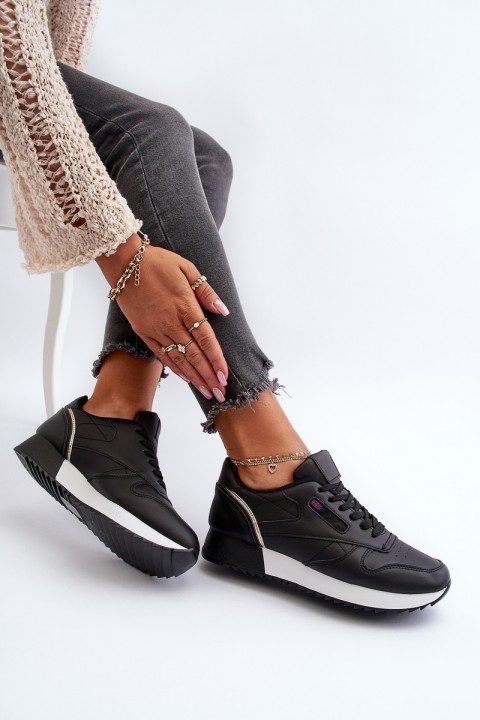 Black Leather Platform Lace-Up Sports Shoes Merida