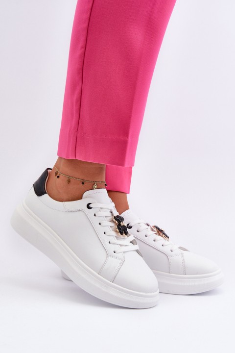 Women's Leather Sneakers with Bear White Mirven