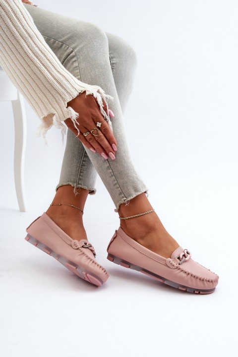 Women's Leather Moccasins with Pink Ornament S.Barski LR339