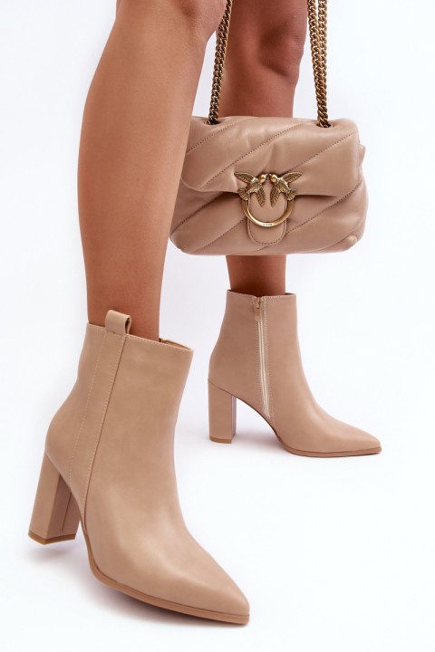Women's Leather Boots On Heel Beige Vevine