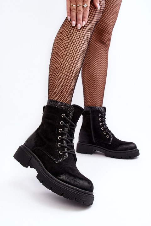 Women's Decorated Lace-up Ankle Boots Black Santelia