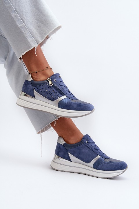 Women's Platform Sneakers with Lacy Pattern and Brocade INBLU IN000372 Blue