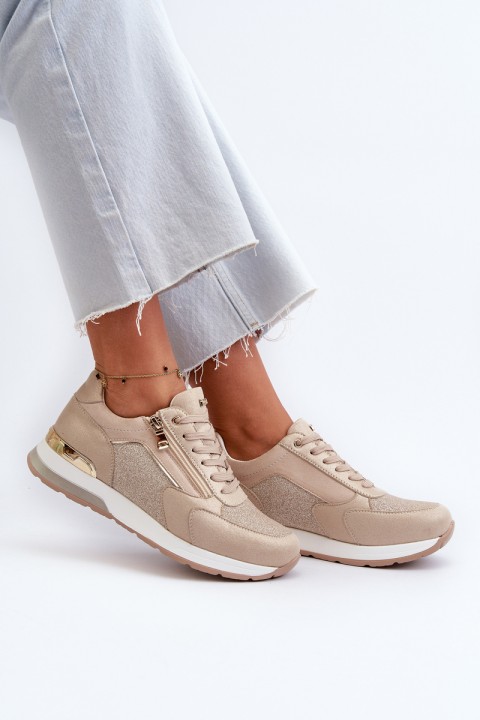 Women's Sneakers with Sequins and Zipper INBLU IN000365 Beige