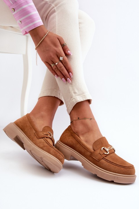 Women's Loafers with Gold Decoration Eco Suede Camel Lighas