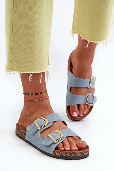 Women's Jeans Flip Flops on Cork Platform with Straps Blue Doretta