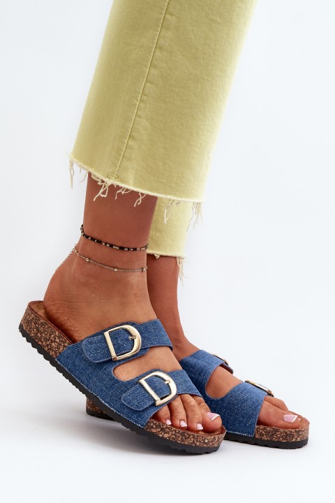 Women's denim clogs on cork platform with dark blue straps Doretta