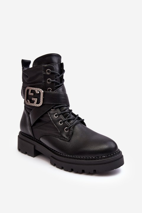 Gennee Leather Black Workery Boots with Chain