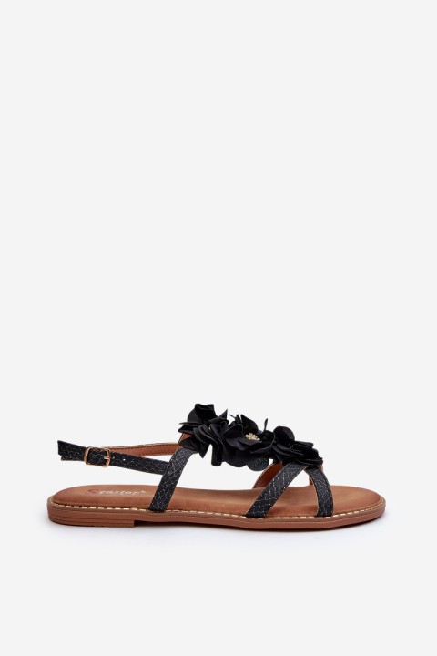 Women's Flat Sandals Adorned with Black Flowers Abidina