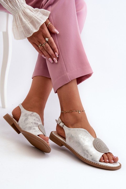 Women's sandals with decoration on flat heel S.Barski KV24-057 Silver