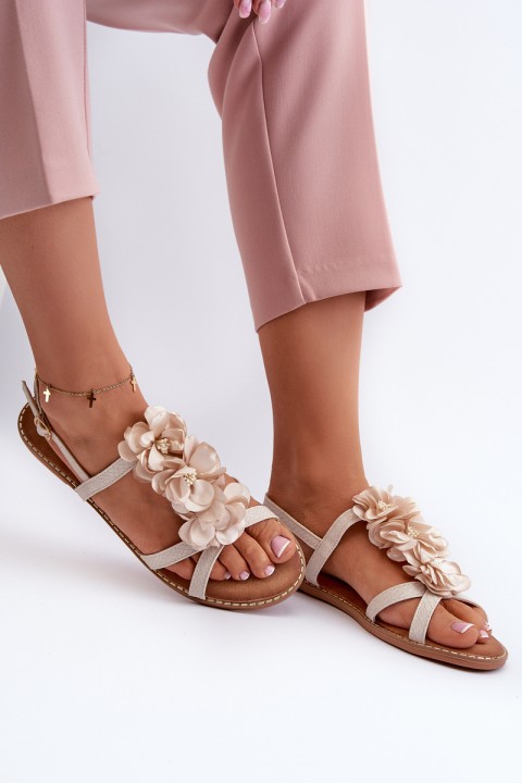 Women's Flat Sandals Adorned with Flowers Beige Abidina