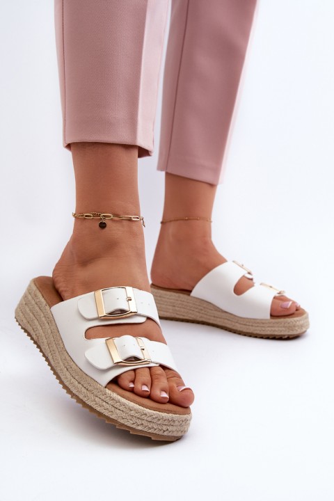 Women's White Leather Sandals with Woven Eco Leather Zaloemi
