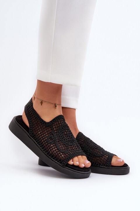 Women's Flat Sandals Adorned with Black Flowers Abidina