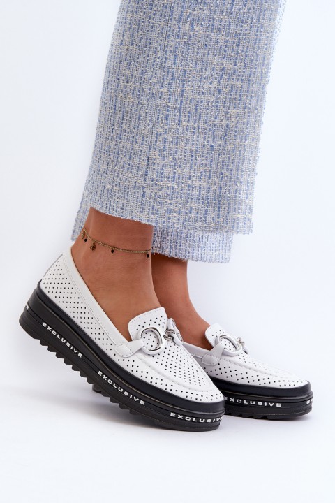 [Women's Leather Platform Moccasins with Decoration S.Barski LR750 White]