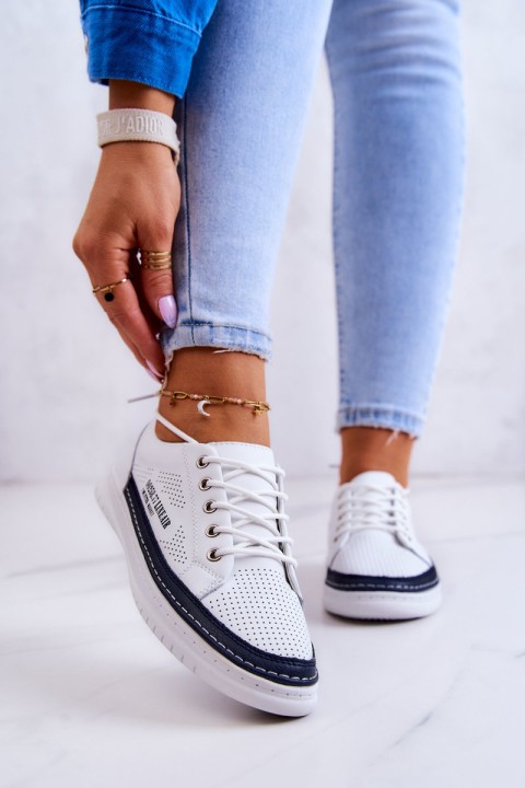 Women's Leather Sneakers White and Navy Blue Cloesa