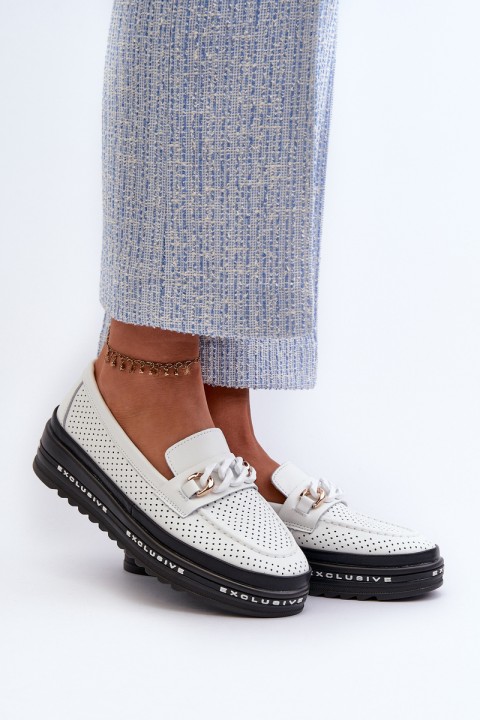 Women's Leather Platform Loafers with Chain S.Barski LR618 White