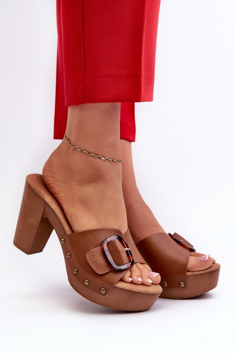 Women's mules with stiletto heel and buckle brown Betinna