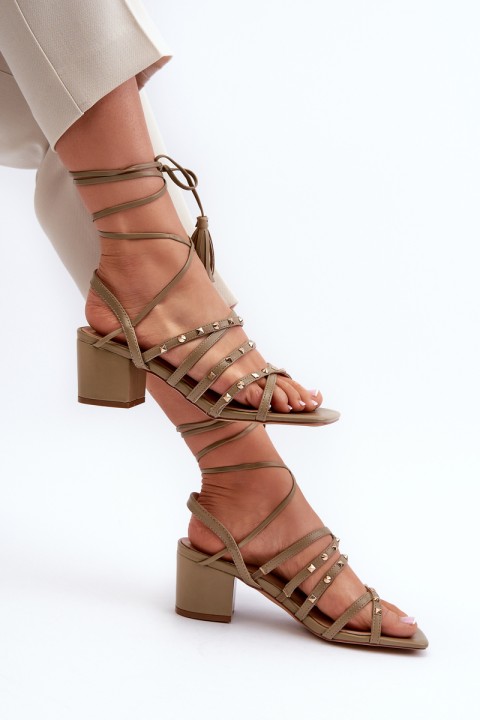 Lace-Up Sandals With Low Heels Adorned with Studs Green Chrisele