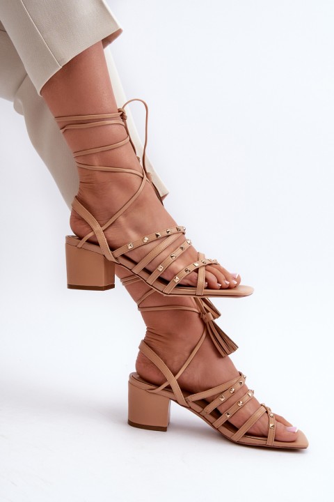 Lace-up sandals with low heels embellished with studs Camel Chrisele