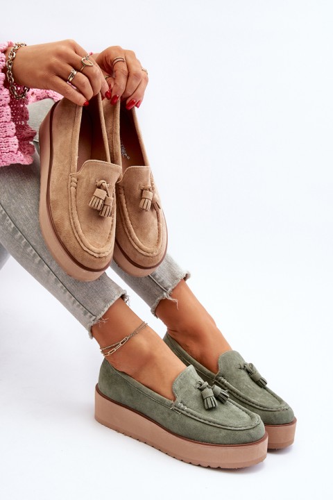 Women's Platform Moccasins with Fringes Green Mialani