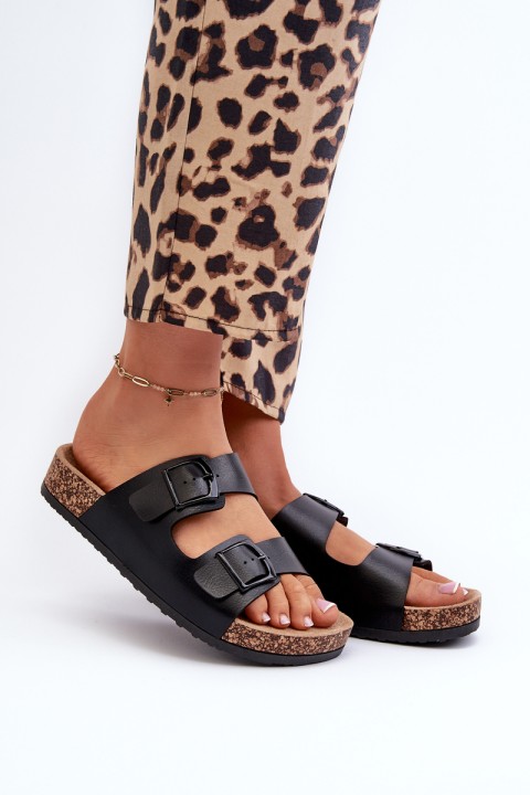 Women's Cork Platform Sandals With Buckles Black Gold Wedge