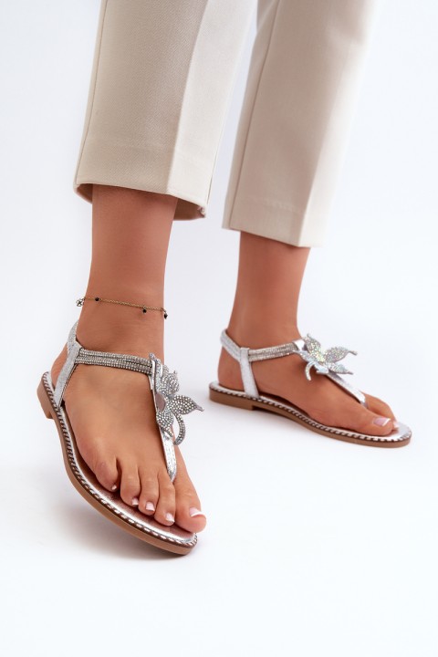 Women's Flat Sandals With Decorative Flower Silver Edoni