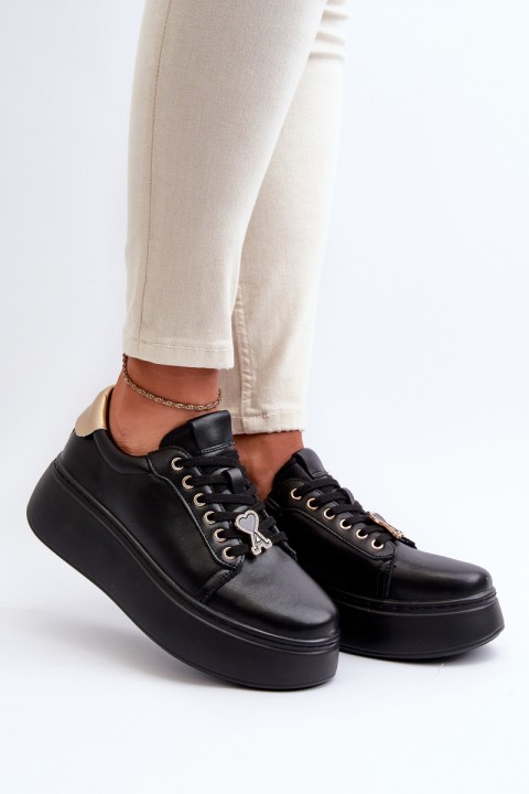 Women's Black Leather Platform Sneakers by Vinceza 66700