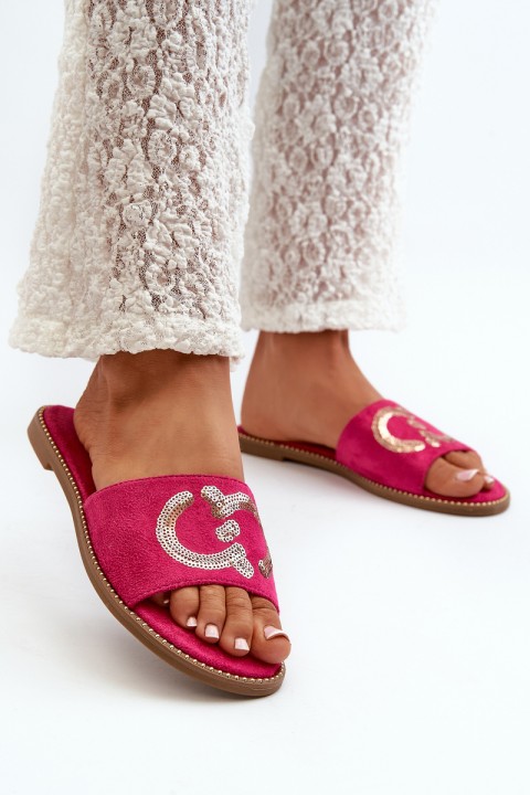 Women's Flat Sequined Slides S.Barski KV27-052 Fuchsia