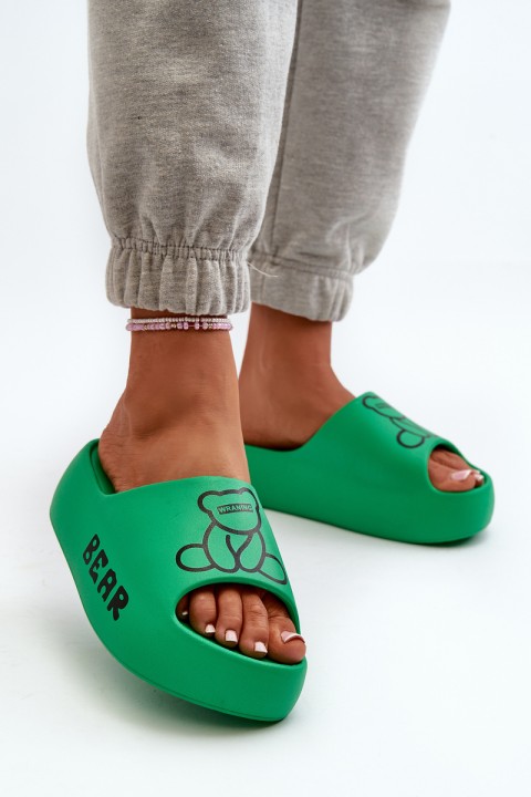 Women's Foam Slides on Chunky Sole with Teddy Bear Green Lamira